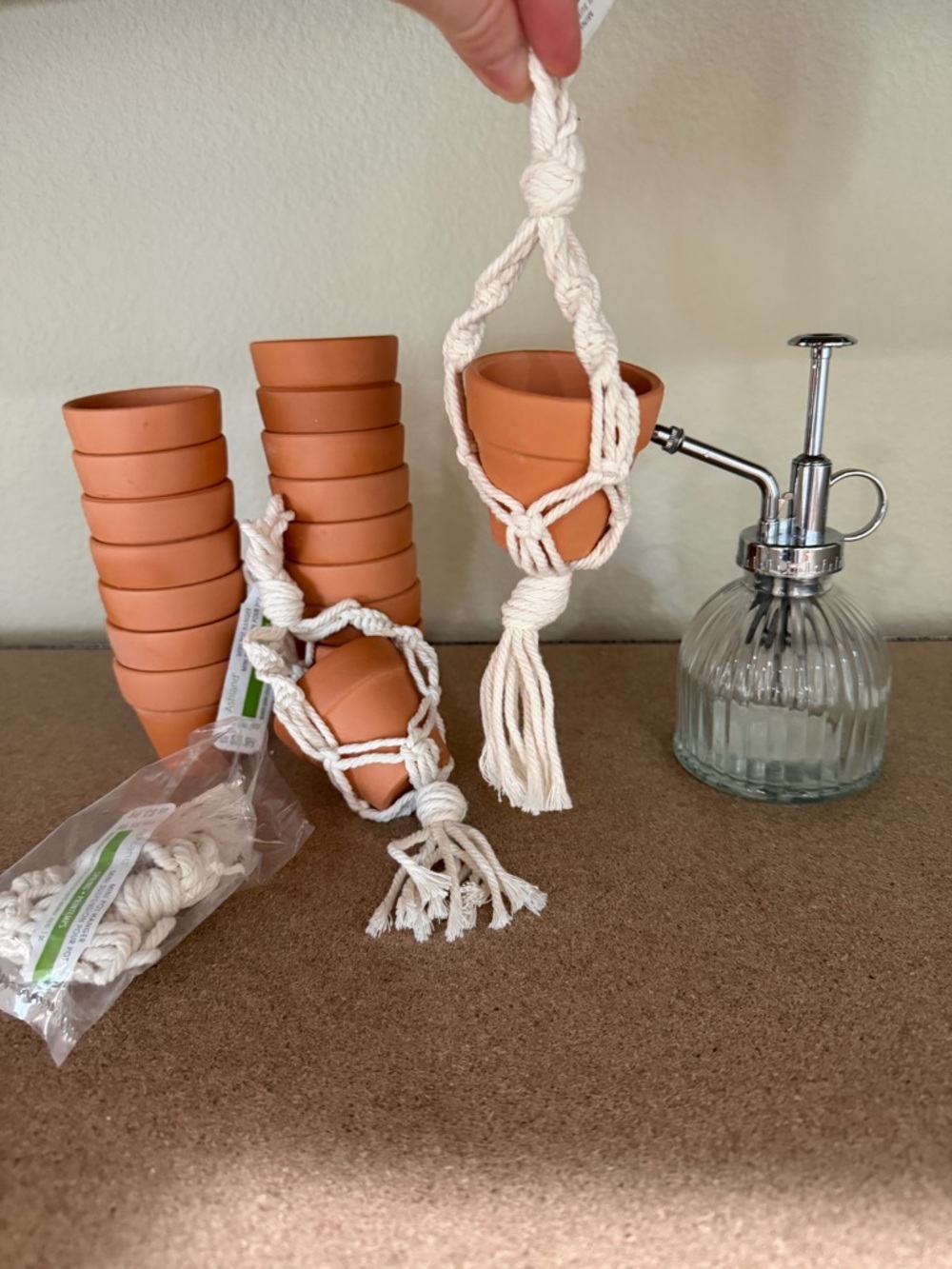 Garden gift set Macrame Hanging Plant Holder with Mini Terracotta Pot